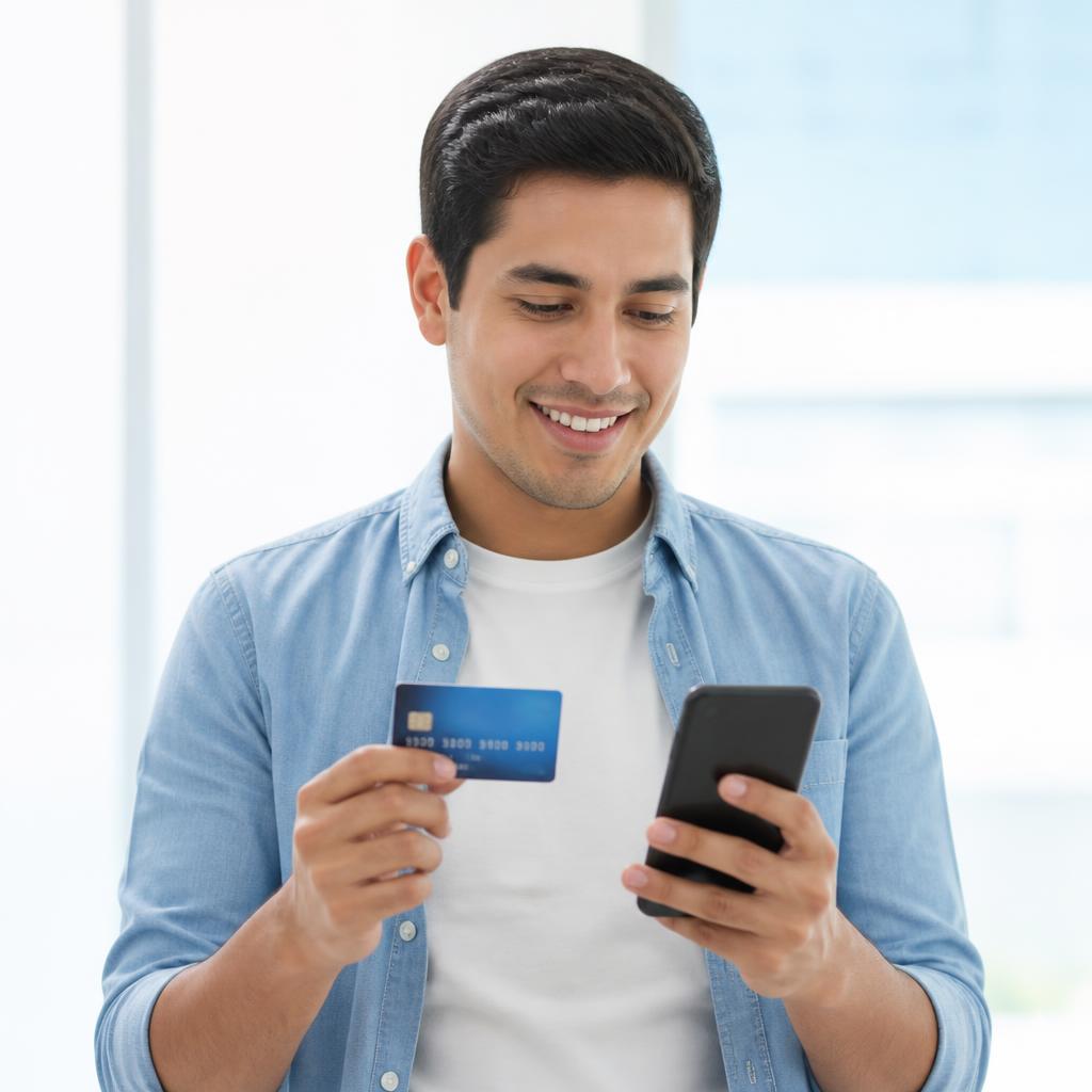 Persona pagando en línea con su tarjeta y su teléfono celular