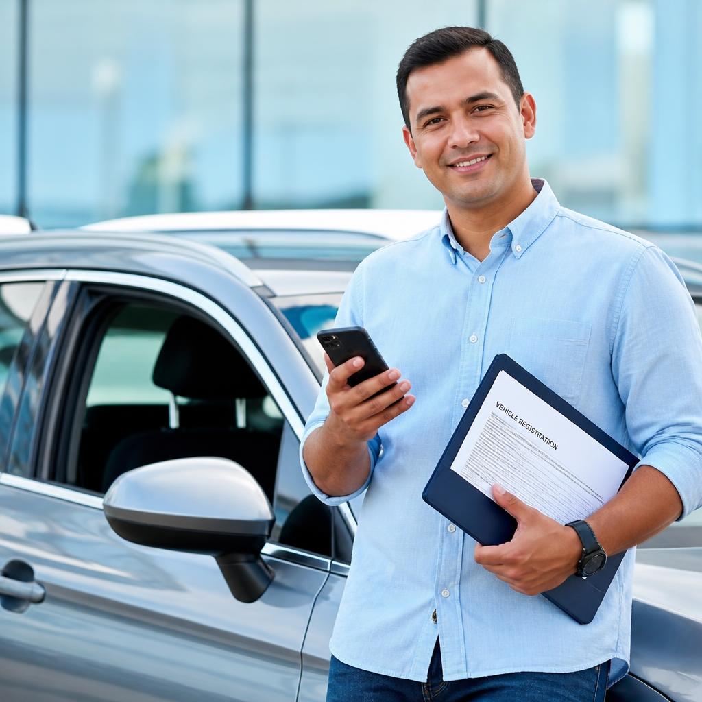 Persona junto a su vehículo con documentos y celular para trámites vehiculares